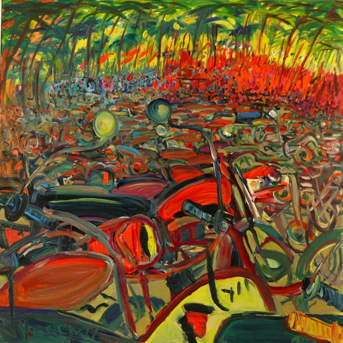 Torsten Schlüter, "Moksha and Enfields", 1997, Öl auf Leinwand, 180x180cm