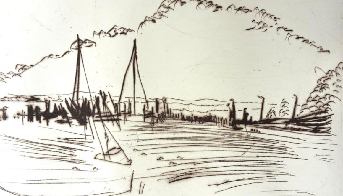 Torsten Schlüter, "Am Hafen in Kloster", 2012, Kaltnadelradierung,10x15cm