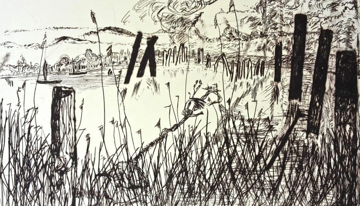 Torsten Schlüter, "Bühne im Schilf", 2007, Kaltnadelradierung, 20x30cm