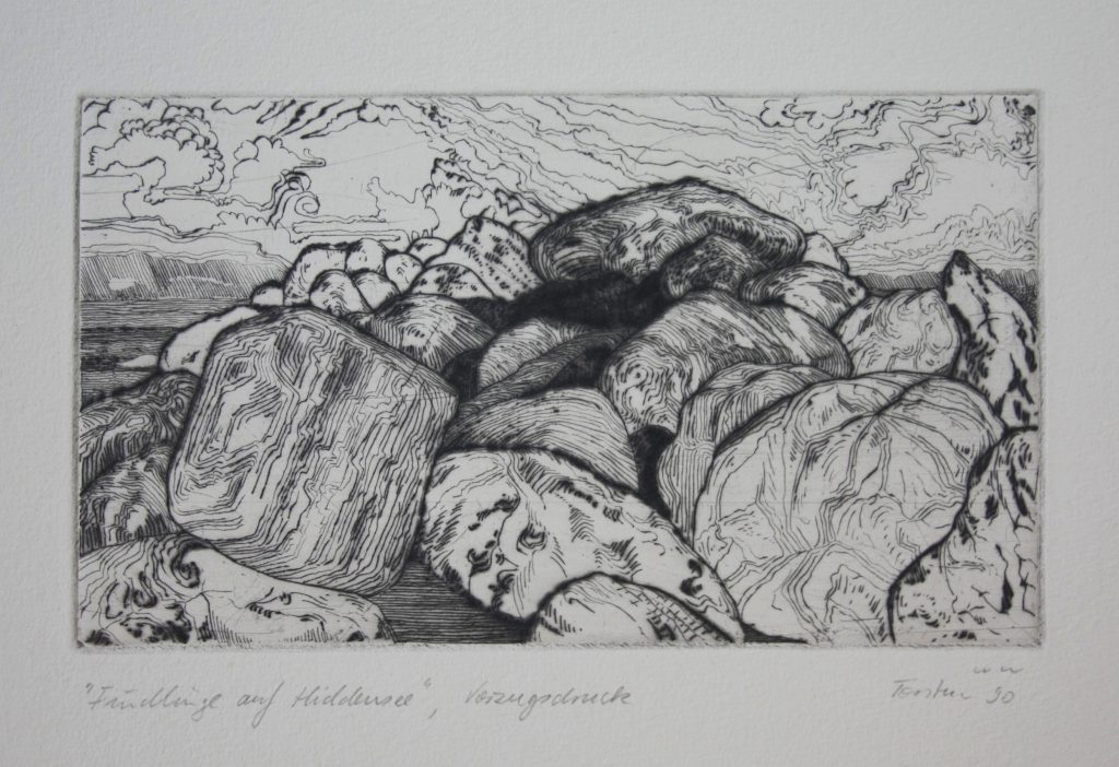 Torsten Schlüter, "Findlinge", 1988, Kaltnadelradierung, 13x18cm