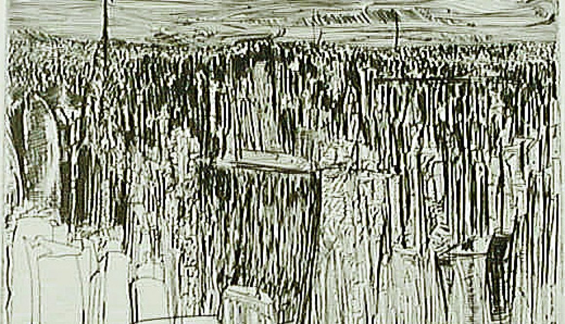 Torsten Schlüter, "Haie über Manhattan", 1993, Kaltnadelradierung, 40x20cm