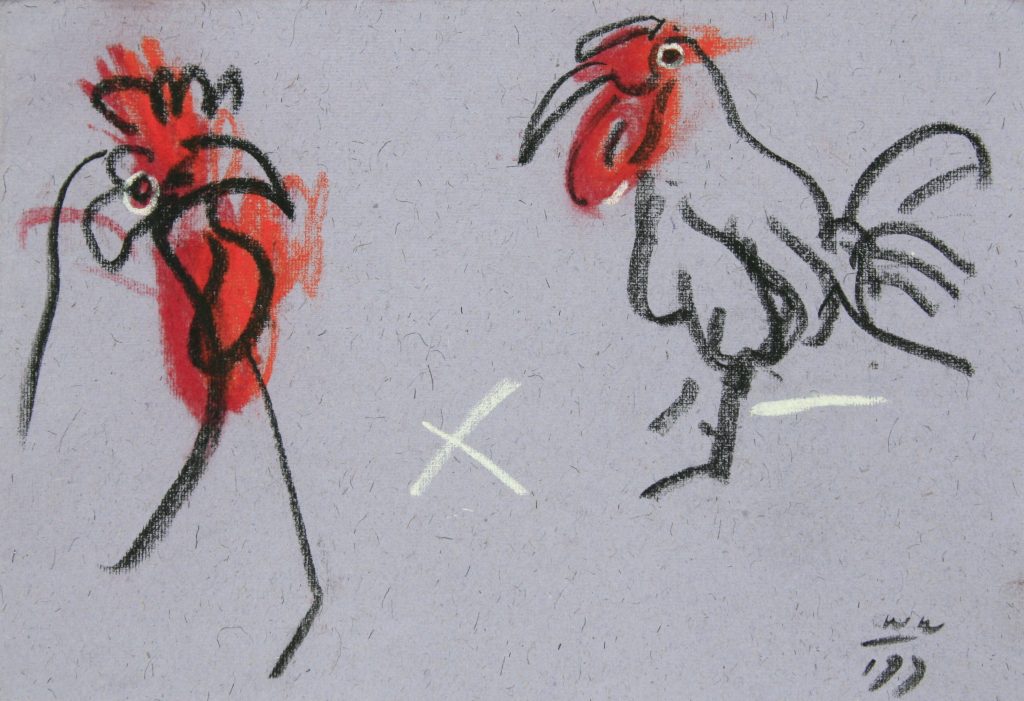 Torsten Schlüter, "Cockfight", 1999, Kreide, 17,5x25,5cm