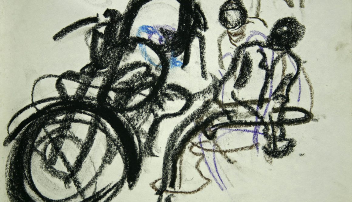 Torsten Schlüter, "Werkstatt in Kamalapuram", 1998, Kreide, 15x21cm