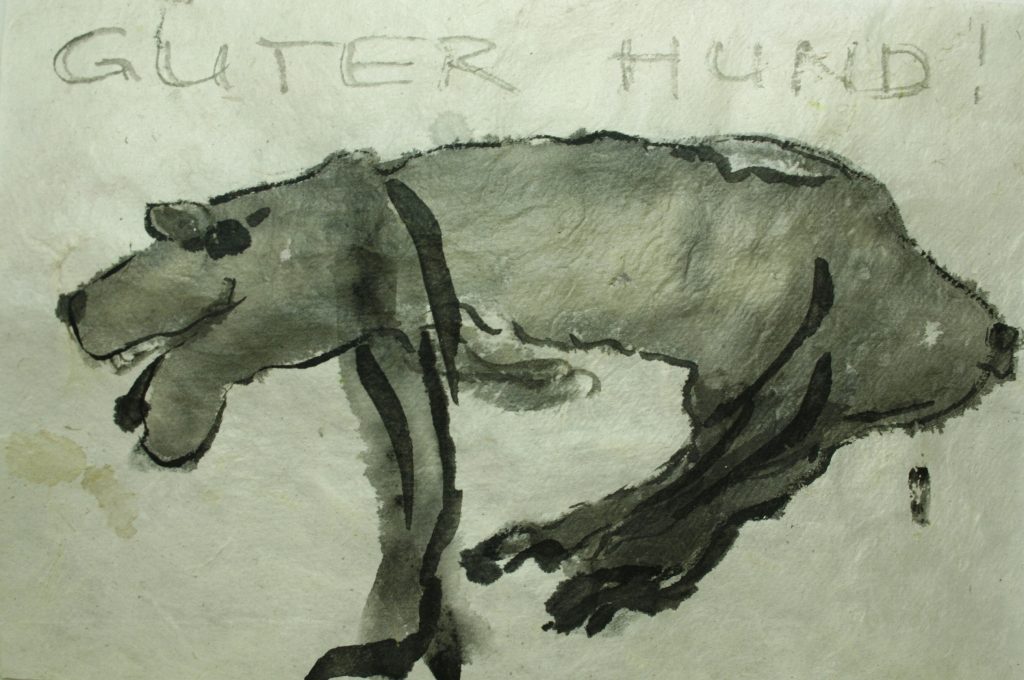 Torsten Schlüter, "Schön scheisst der Hund", 2014, Pinselzeichnung, 15x21cm