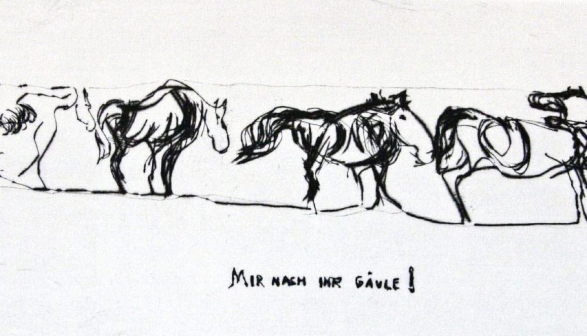 Torsten Schlüter, "Mir nach Ihr Gäule!"", Edition Hiddensee, 2010, Kaltnadelradierung, 15x30cm