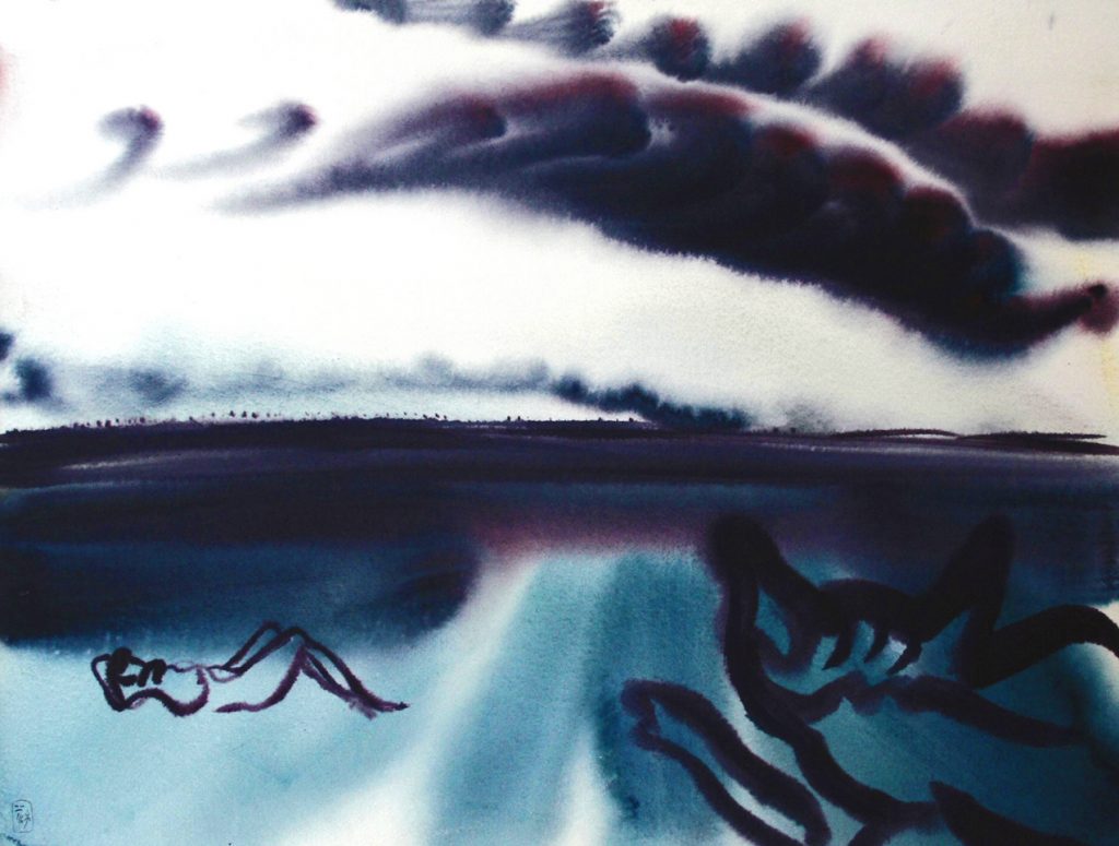 Torsten Schlüter, "Vordergrund mit Katze", 2016, Aquarell, 50x65cm